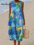 Women's Retro Art Blue Flowers Print Sleeveless Cotton Pocket Wrap Dress