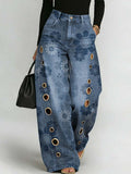 Women's Retro Floral Art Print Casual Stylish Hollow Denim Pants