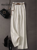 Women's Jacquard PatternTencel and Linen Wide-leg Casual Pants(Belt Included)