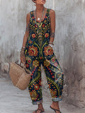 Women's Vintage Flower Art Print Casual Jumpsuit