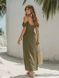 Olive Green Cold Shoulder Tie-front Linen Cotton Maxi Dress