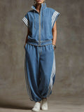 Women's Stand-collar Short-sleeved Casual Loose Denim Top And High-waisted Wide-leg Jeans Set.
