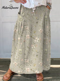 Women's Vintage Floral Art Linen Elastic waistband Pocket Skirt