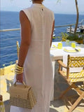 Women's Stylish Casual Elegant Resort Cotton Linen Front Slit Midi Top And Elastic Waist Loose Pants Set