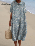 Spring Vines Pattern Printed Women's Pocket Linen Dress (Convertible Dress With Front And Back Option)