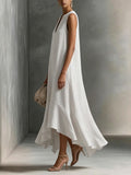 Women's Cotton-linen Deep V-neck And Asymmetrical Hem Elegant Slimming Sleeveless Dress