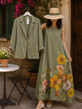 Women's Crew-neck Sleeveless Casual Loose Cotton-linen Dress With Placement Print And Solid-color Long-sleeve Cotton-linen Cardigan Set