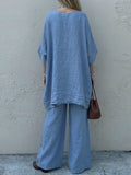 Women's Solid-color Cotton-linen Set: Loose-fit Round-neck 3/4-sleeve Top & High-waisted Wide-leg Pants