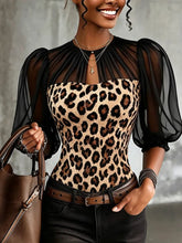 Leopard Print Sheer Mesh Puff Sleeve Keyhole Neck Top