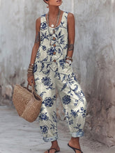 Women's Vintage Flower Art Print Casual Jumpsuit