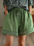 Floral Lace-trimmed Wide-leg Cotton-linen Shorts