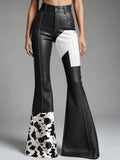 Western Cow Pattern PU Leather High Waist Bell Bottom Pants