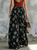 Women's Floral Print Cotton-linen Wide-leg Pants With Elastic Waist