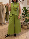 Artistic Cut Shirt & Wide-leg Pants Cotton-linen Two-piece Set