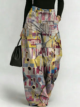 Women's Retro Geometric Color-blocking Patterns Printed Stylish Cutout Casual Denim Jeans