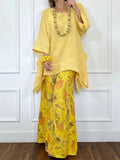 Loose-fit Casual Linen & Cotton Top And Floral-print Pants Two-piece Set