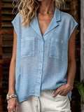 Women's Sleeveless Shirt With Double Pockets And Turn-down Collar