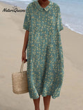 Women's Vintage Floral Art Print Pocket Linen Dress(Convertible Dress With Front And Back Option)