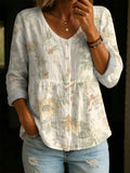 Pastoral-style Floral Print Shirt — Loose-fit, Breathable, V-neck, 3/4-sleeve Versatile Top