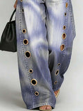 Women's Abstract Line Art Print Casual Stylish Hollow Denim Pants