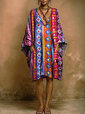 Women's Colorful Ethnic-style Patterns Print Short-sleeve Cotton-linen Dress