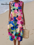 Women's Vintage Floral Art Print Sleeveless Cotton Pocket Wrap Dress