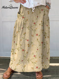 Women's Retro Floral Art Linen Elastic waistband Pocket Skirt