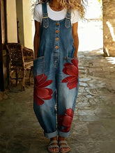 Women's Casual Brushstroke Floral Print Denim Jumpsuit With Adjustable Buckle