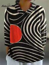 Abstract Swirl Pattern Printed Women's Casual Cotton And Linen 3/4 Sleeve Shirt