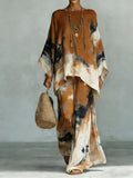 Women's Comfortable and loose print pattern cotton and linen wide-leg pants two-piece set