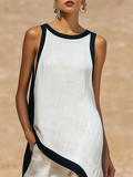 Color-blocked Trim Artistic Cut Cotton-linen Two-piece Set