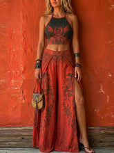 Bohemian-style Two-piece Set: Lace-up Top And Slit Pants
