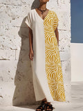 Women's Zebra-print V-neck Short-sleeve Casual Loose Cotton-linen Dress