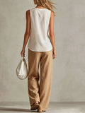 Women's Casual Cotton-linen Set: Loose-fit V-neck Sleeveless Top & High-waisted Wide-leg Pants