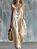 Boho Sleeveless Button Front Pocketed Linen Overalls