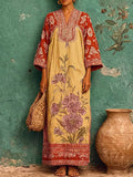 Women's Vintage-print V-neck Long-sleeve Casual Loose Cotton-linen Dress