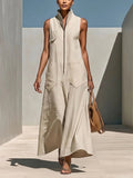 Light Beige Textured Cotton-linen Stand Collar Front-zip Cargo Pocket Sleeveless Wide-leg Jumpsuit