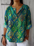 Women's Flower Print Casual Cotton Linen Shirt