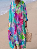 Artistic Floral Color-block Cotton-linen Vacation Dress