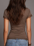 Stylish Spliced lace & Lurex Stretch Cotton T-shirt
