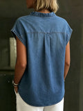 Women's V-neck Solid-color Casual Denim-cotton Sleeveless Shirt