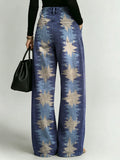 Women's Retro Geometric Patterns Printed Stylish Cutout Casual Denim Jeans