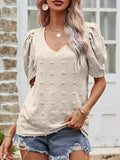 Women's V-Neck Short-Sleeve T-Shirt with Puff Sleeves — Casual Top