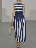 Women's Striped Cotton Two-piece Set: Crew Neck Sleeveless Loose-fit Top & High-waisted Wide-leg Pants