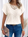 Women's Crew Neck Short-sleeve Casual Loose Top With Lace Splicing
