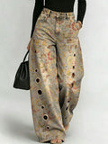Women's Retro Pattern Printed Stylish Cutout Casual Denim Jeans