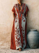 Women's Casual Loose Cotton-linen Dress With V-neck Short Sleeves And Placement Print