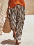 Women's Art Stylish Casual Top And Striped Pants Cotton Linen Two-piece Set