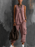 Casual Street Style Two-piece Set: Sleeveless Striped Cotton T-shirt And Striped Pants