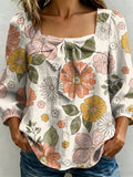 Colorful Floral Decorative Pattern Women's Long Sleeve Square Collar Linen Cotton Shirt